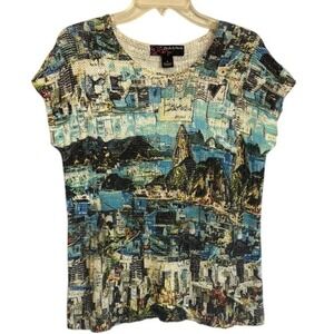 Rio De Janeiro Brazil Graphic Knit Top Blue Cityscape Sugarloaf Mountain Size M